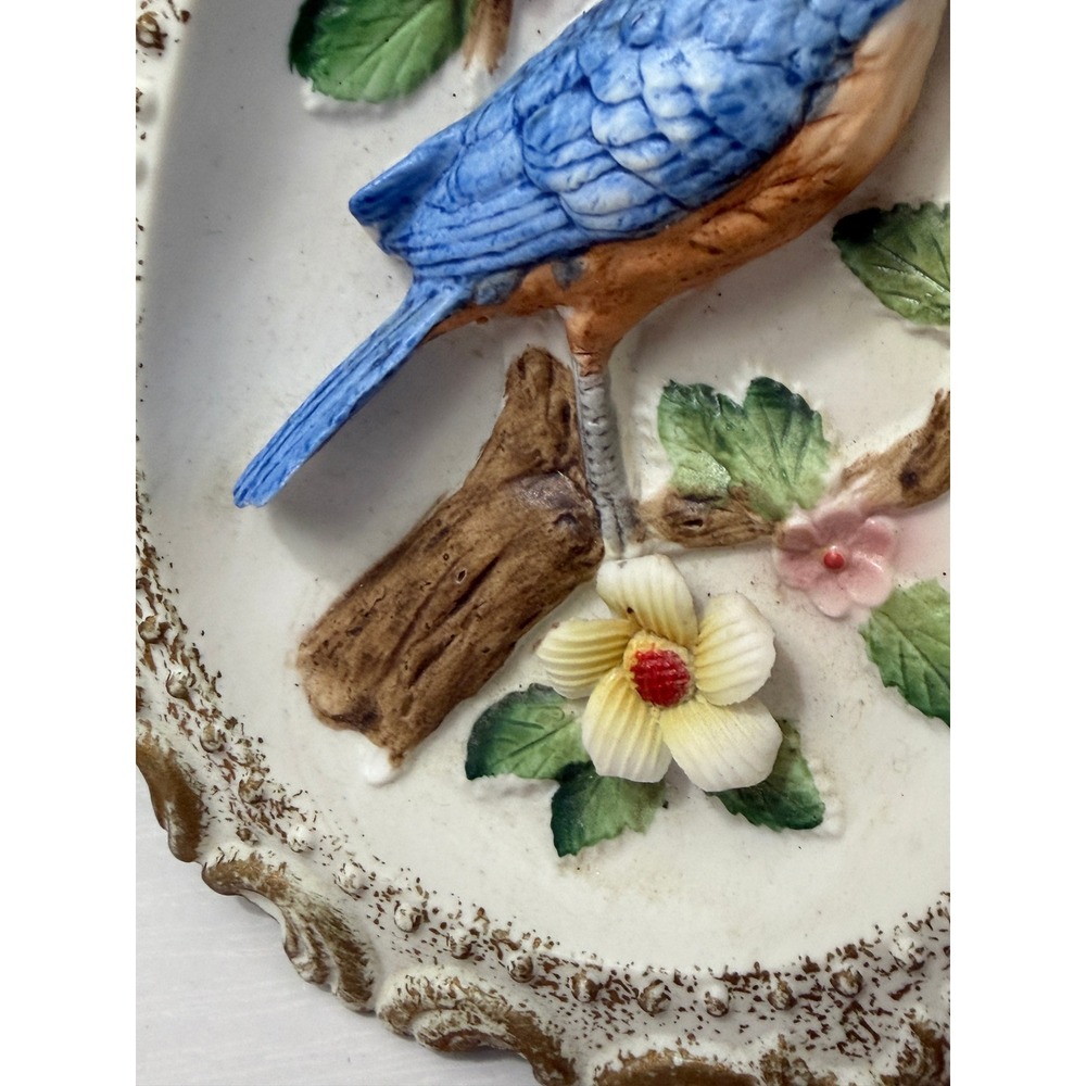 Vintage HOMCO Porcelain Bird Decor Wall Plaque Blue Floral 3D Relief - Picture 4 of 11